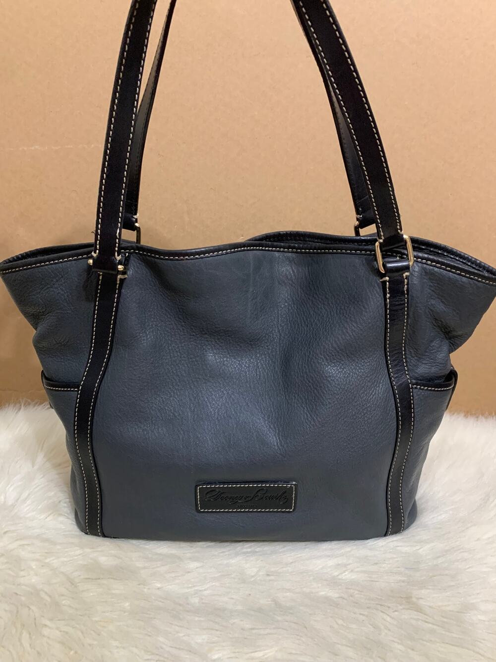 DOONEY & BOURKE Large Gray-Navy & Black Leather KRISTIN Shopper Pocket Tote